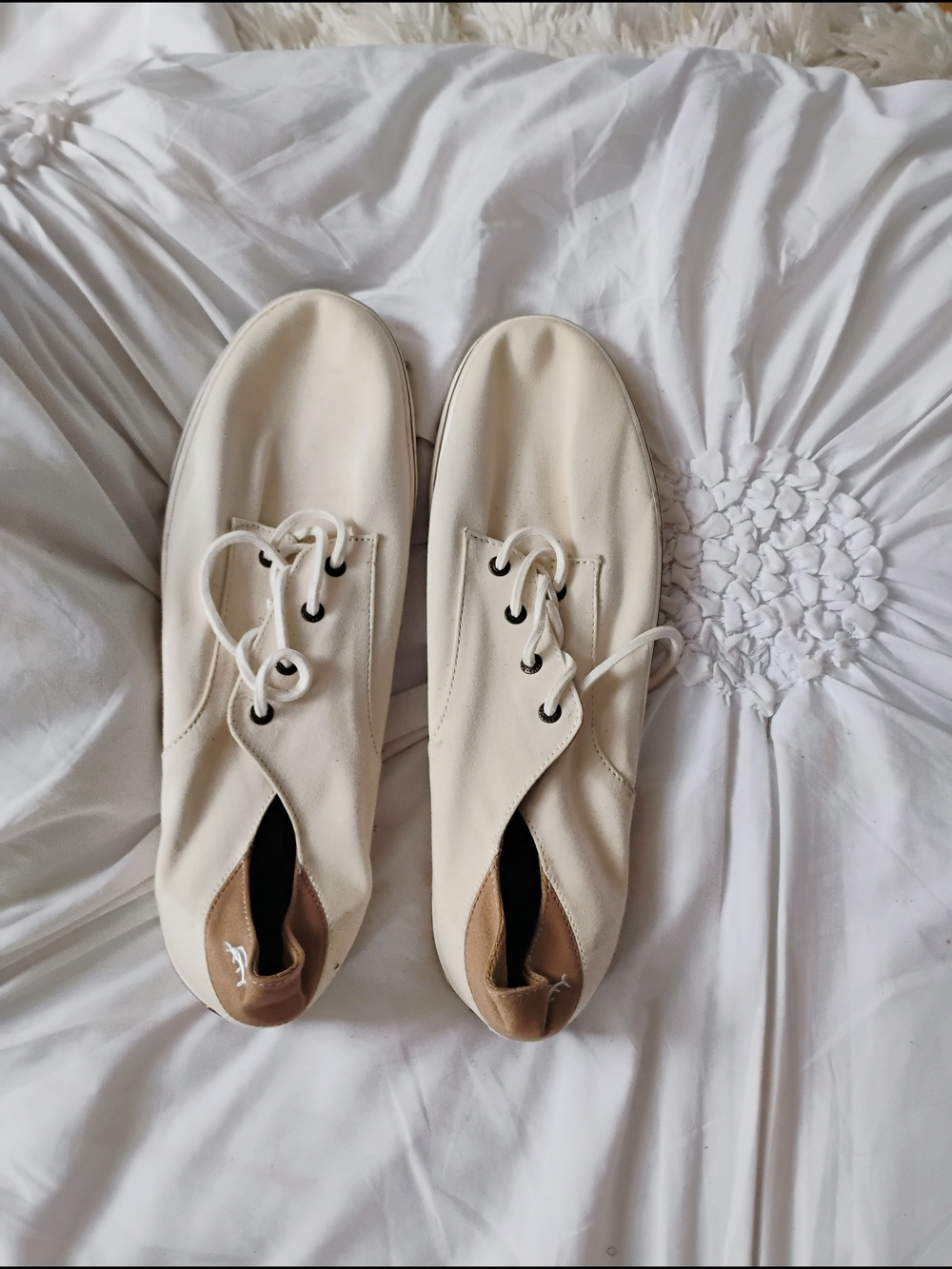 Neutral Cream Canvas Lace-Up Sneakers with Tan Heel Accents